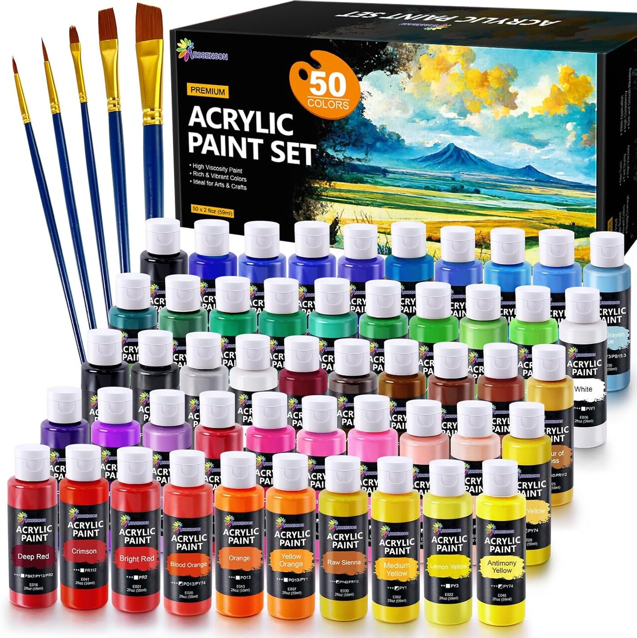 Acrylic Paint Set, 50 Colors Acrylic Paint with Brushes, 2oz Bottles, Rich Pigments Paint for Artists Kids & Adults, Art Supplies for Canvas Rock Ceramic Wood Painting